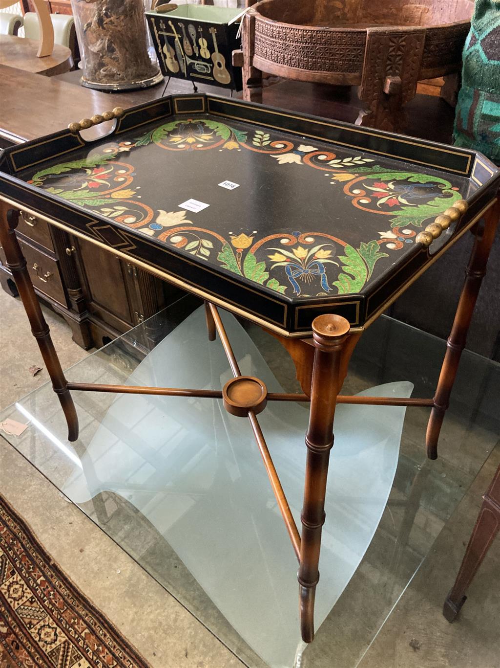 A Julian Chichester painted tray top occasional table, width 74cm, depth 54cm, height 74cm